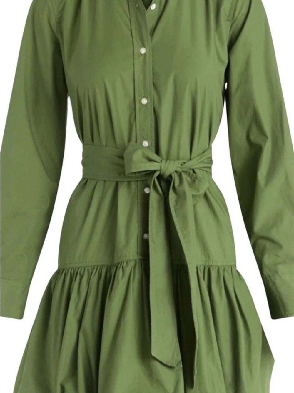 Tie-Waist Olive Green Long Sleeve Shirt Dress -large